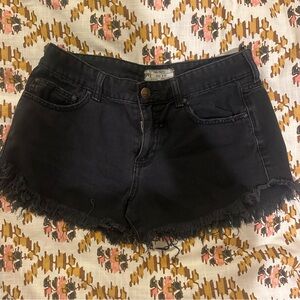 Free People Mid Rise Black Denim Frayed Dolphin Hem Women's Shorts
